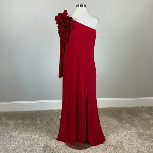 XSCAPE One Shoulder Long Sleeve Evening Gown Colorful Red Size 12P Formal Dress - Picture 2 of 12